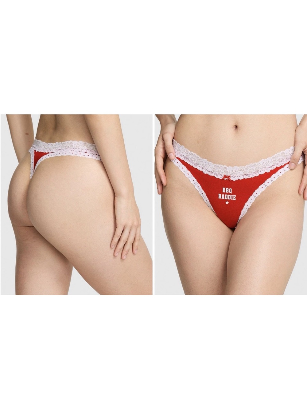 PINK Victoria's Secret Red Bikini Panty with White Lace Trim